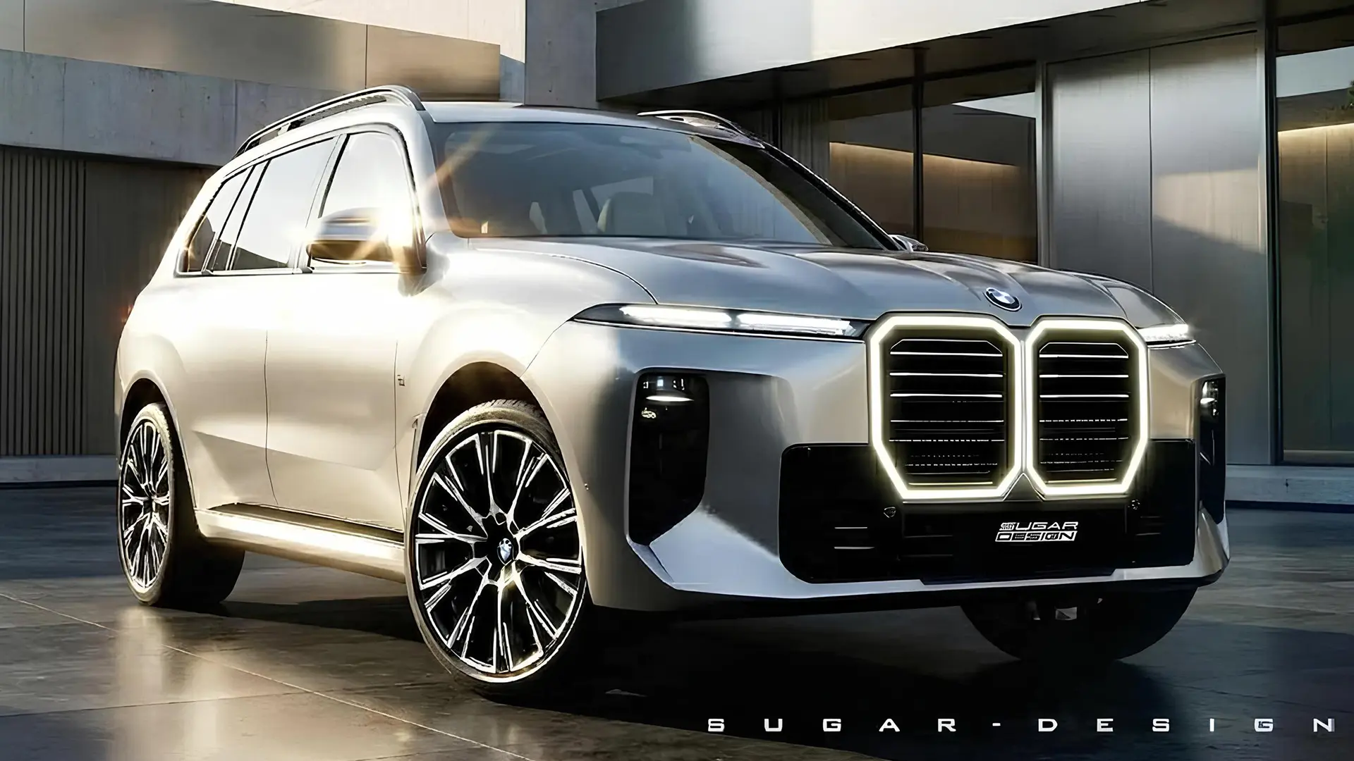 Новий BMW X7 сріблястого кольору, вид спереду збоку біля сучасної будівлі