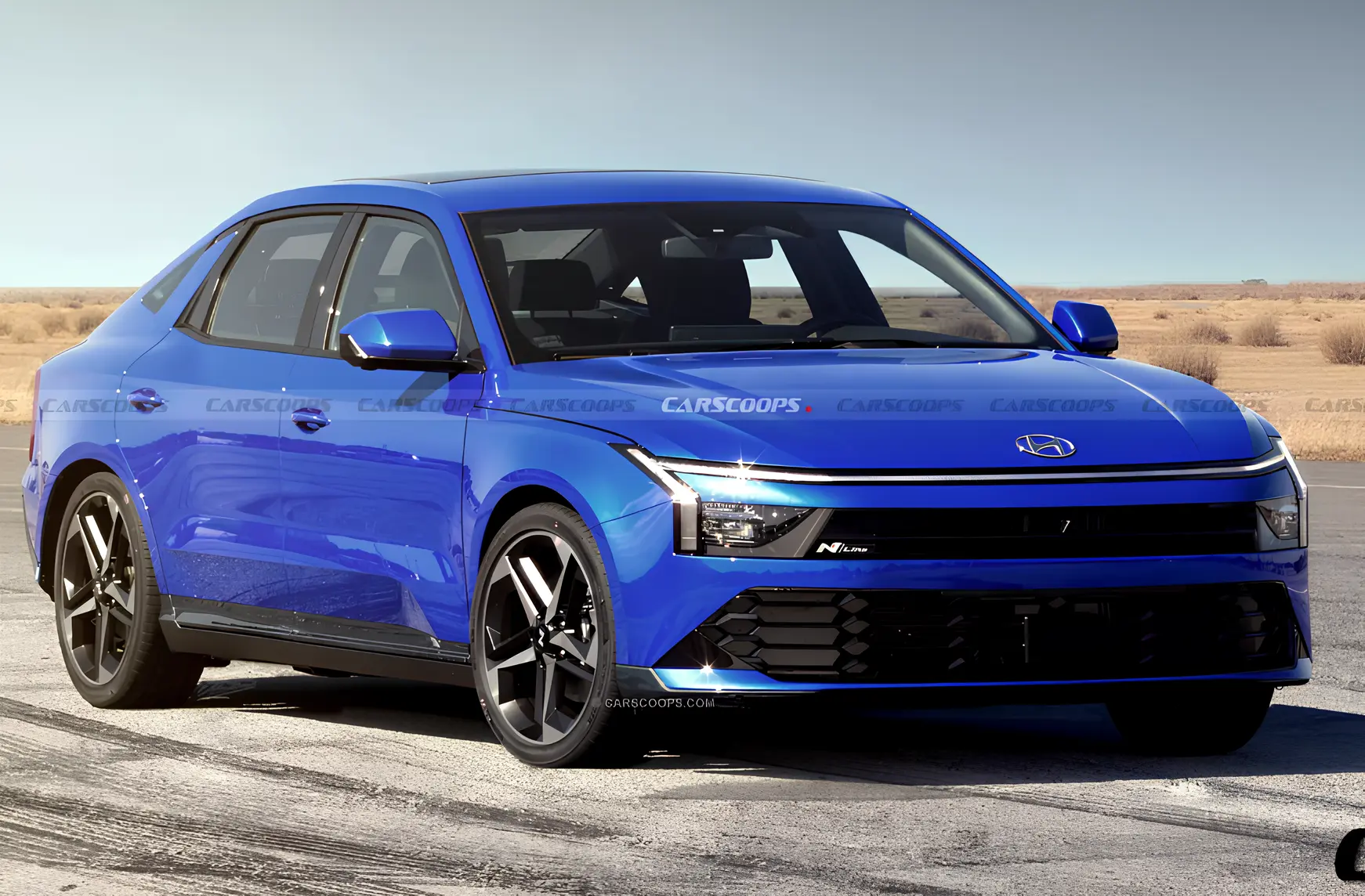 Синій спортивний седан Hyundai N Line на дорозі, вигляд спереду збоку, агресивний бампер і великі диски