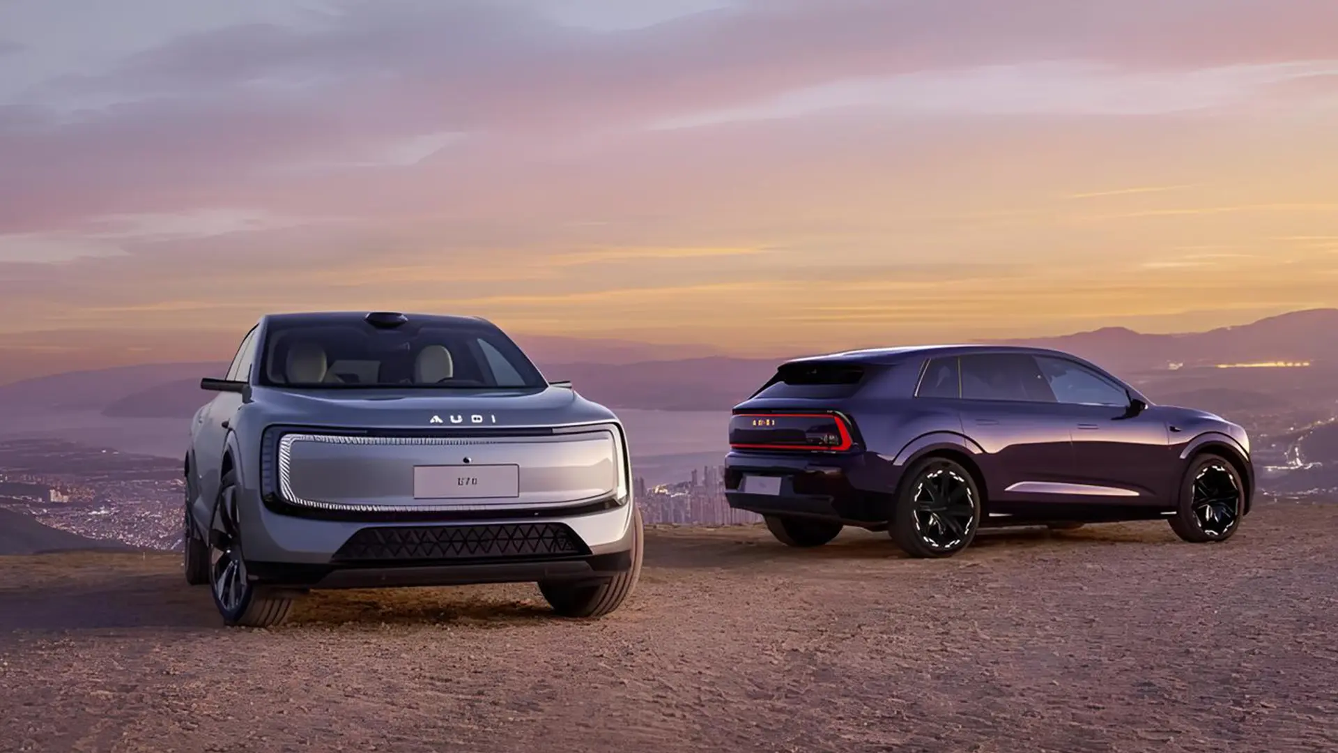 AUDI E7X на панорамній локації, два електричні кросовери у різних ракурсах
