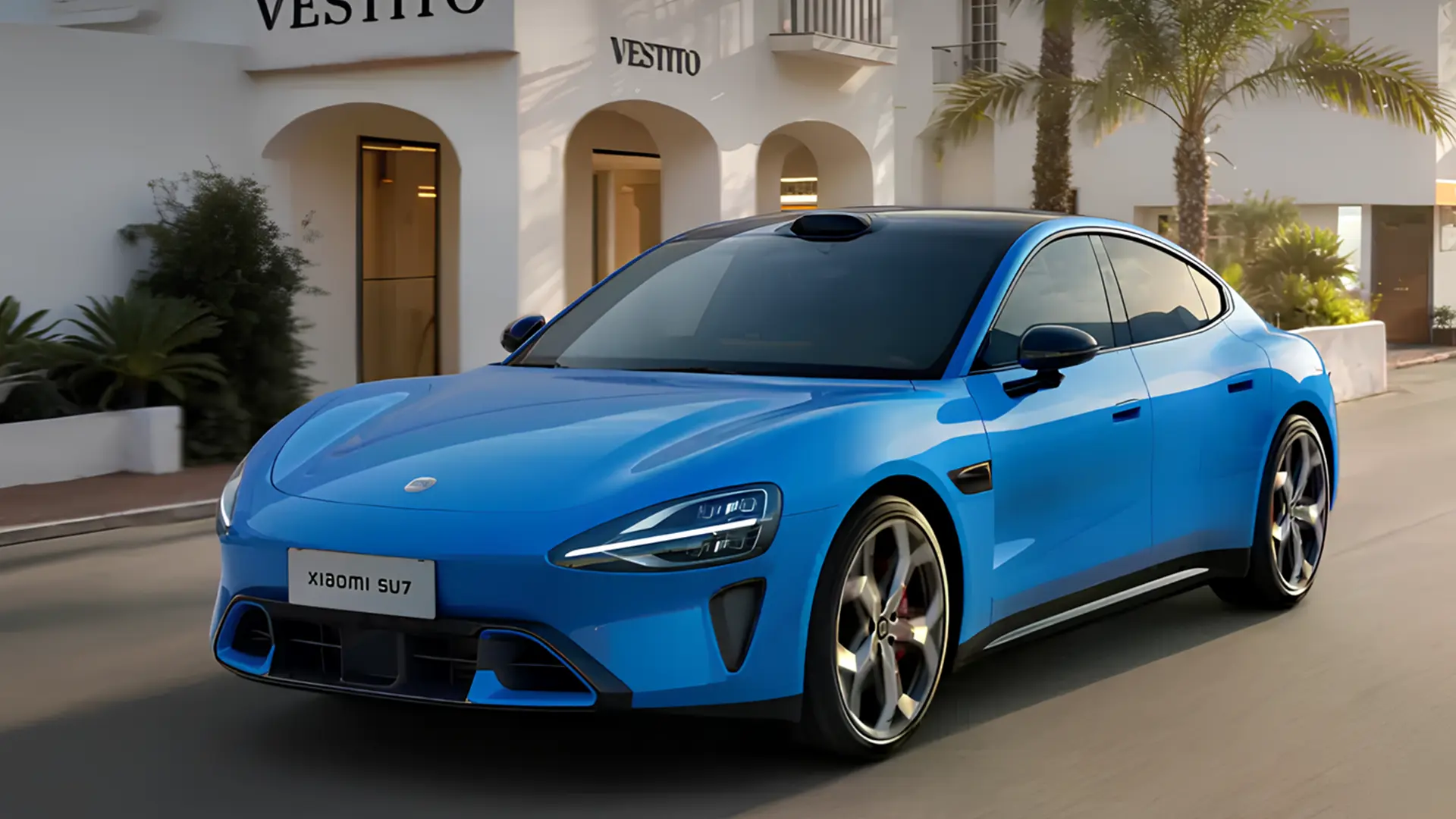 Xiaomi оновила електричний седан SU7 синього кольору, вид спереду збоку