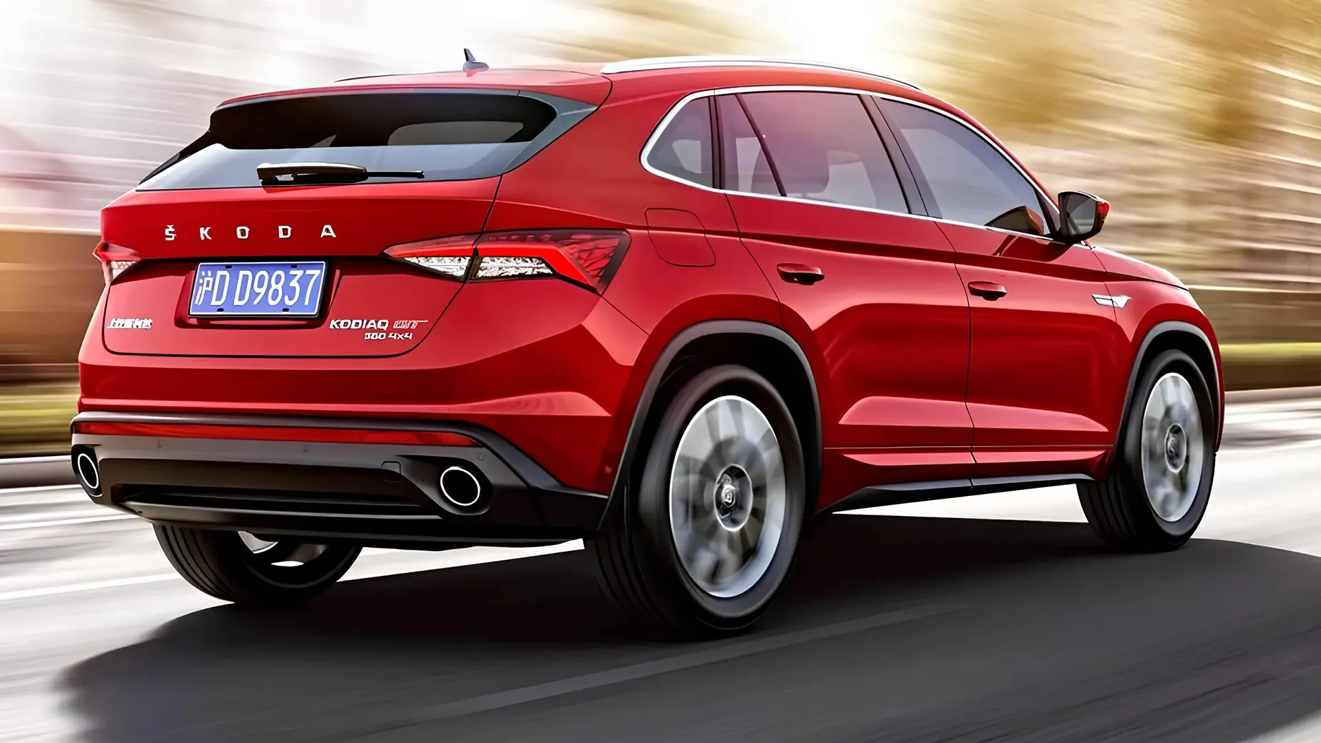 Skoda залишає Китай, червоний кросовер Skoda в русі, вид ззаду збоку
