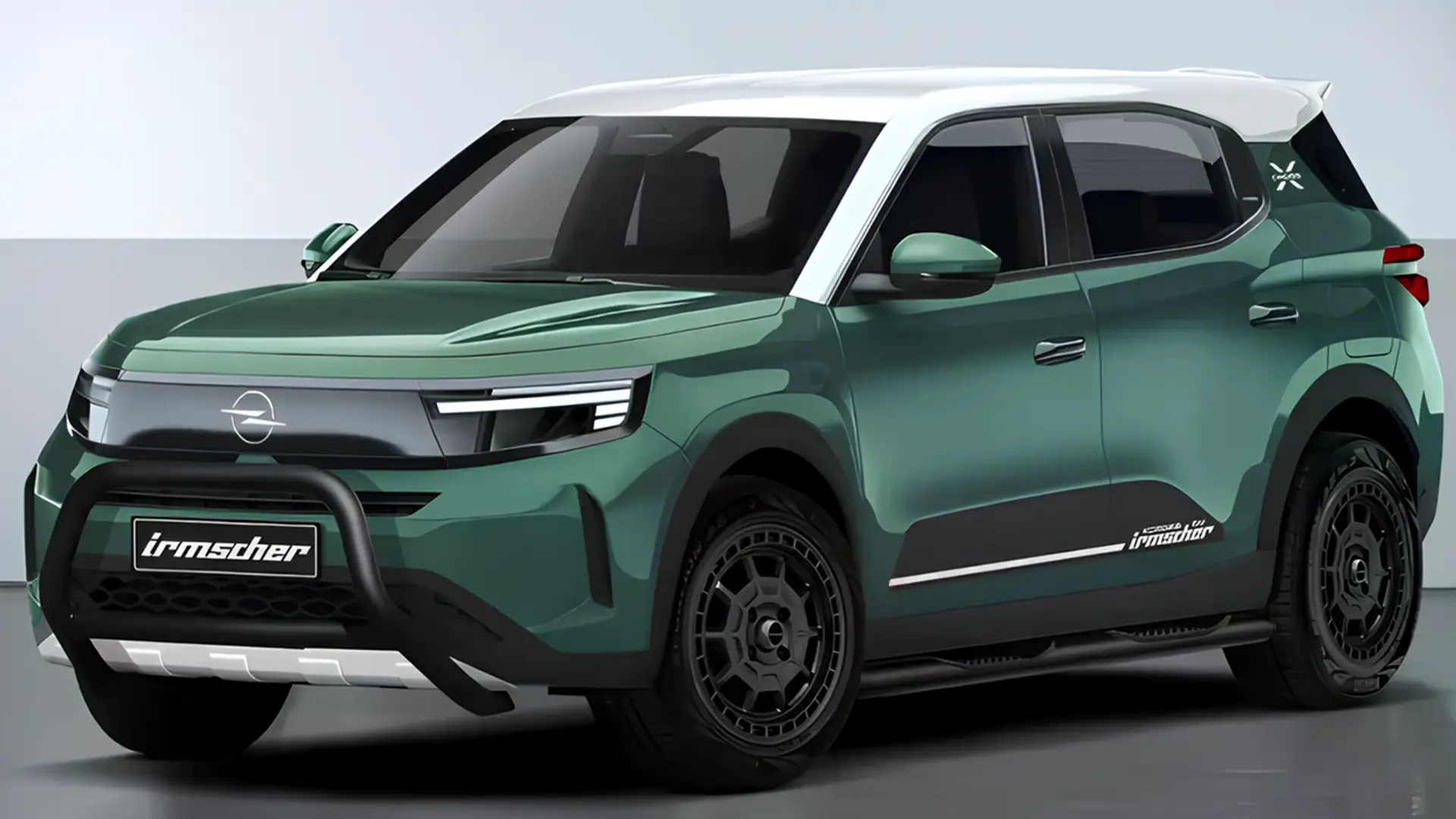 Opel Frontera Cross зеленого кольору, вид спереду збоку у студійному просторі