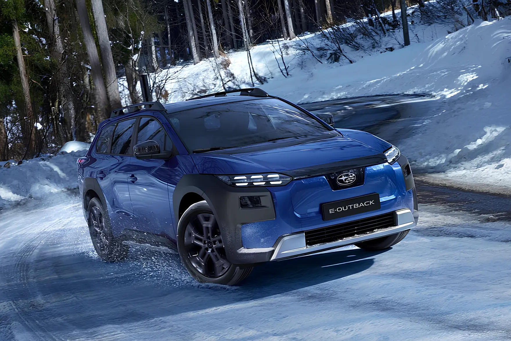 Subaru E-Outback у Європі: синій електричний кросовер-універсал їде засніженою дорогою