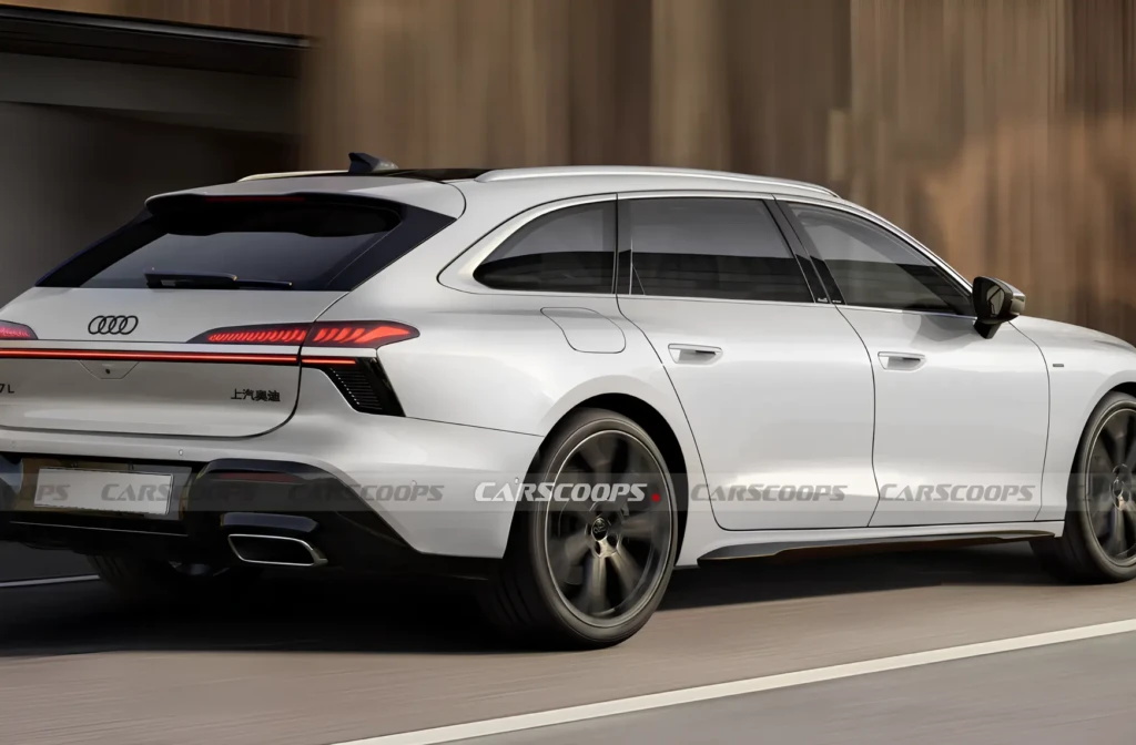 Білий універсал Audi у русі, вигляд ззаду збоку, суцільна LED-смужка задніх ліхтарів і спортивний силует