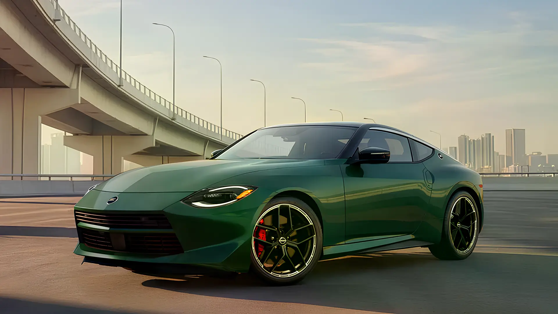 Nissan Z Nismo 2027 зеленого кольору, вид спереду збоку