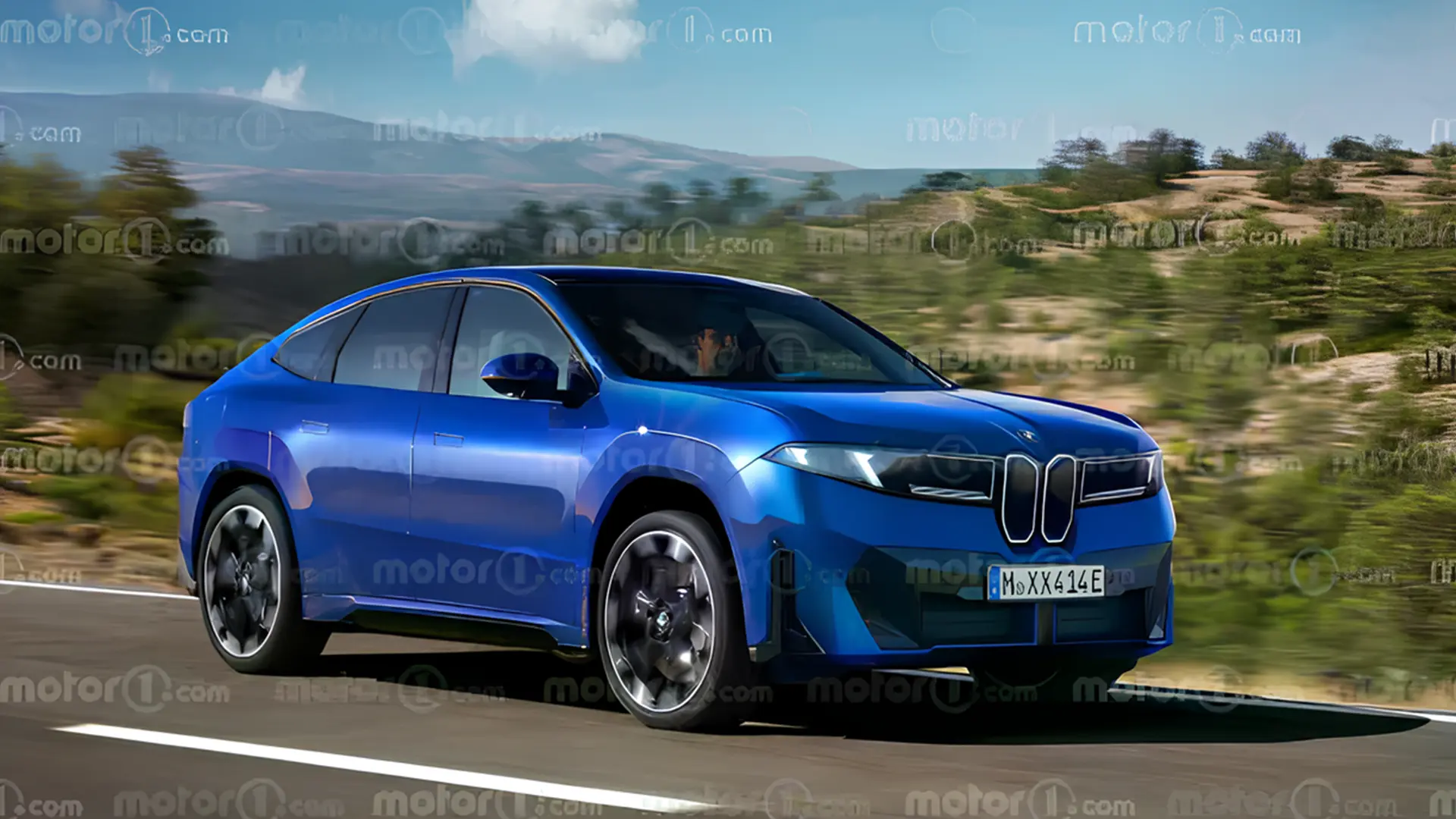 BMW X4 M синього кольору в русі, вид спереду збоку