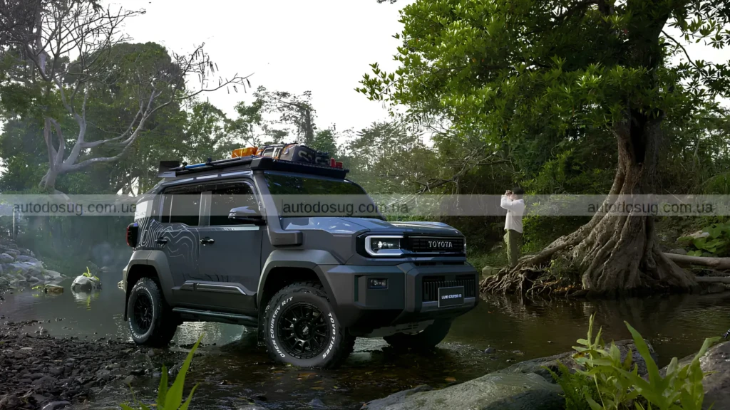 Toyota Land Cruiser FJ темного кольору біля струмка в лісовій місцевості, вид спереду збоку