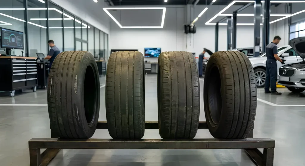 Изношенные автомобильные шины в автосервисе для сравнения состояния протектора