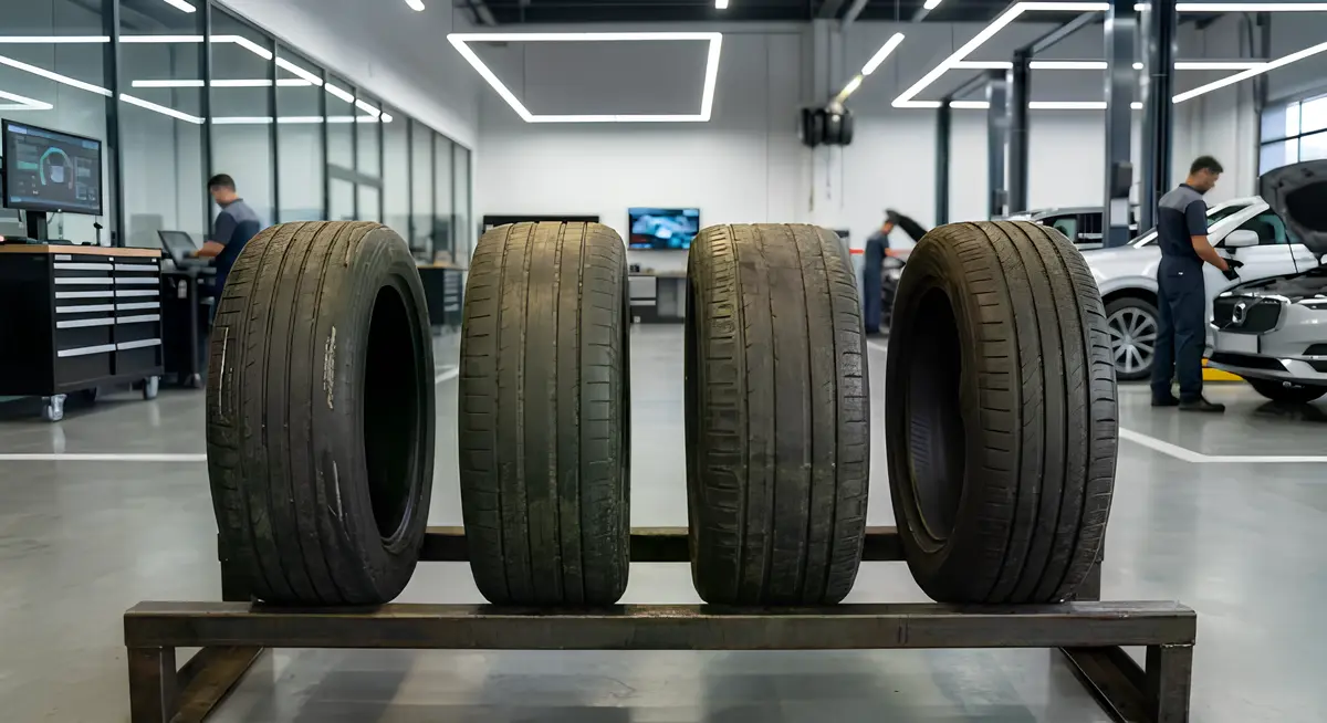 Изношенные автомобильные шины в автосервисе для сравнения состояния протектора