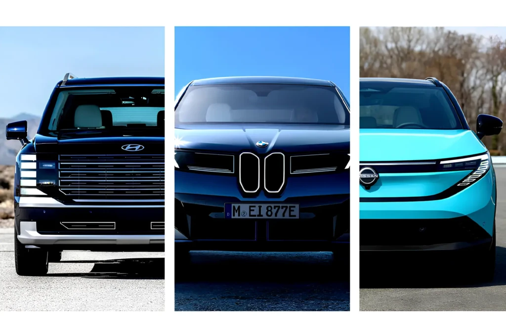 Колаж із трьох авто спереду: Hyundai, BMW та Nissan, порівняння дизайну передньої оптики й решіток