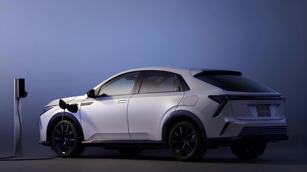 Електрокросовер на зарядці біля настінної станції, вигляд ззаду збоку, підключений кабель і студійний фон