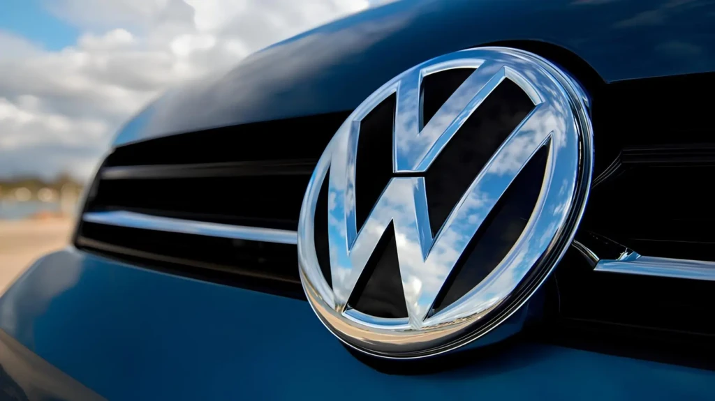 Логотип Volkswagen крупним планом на решітці радіатора автомобіля