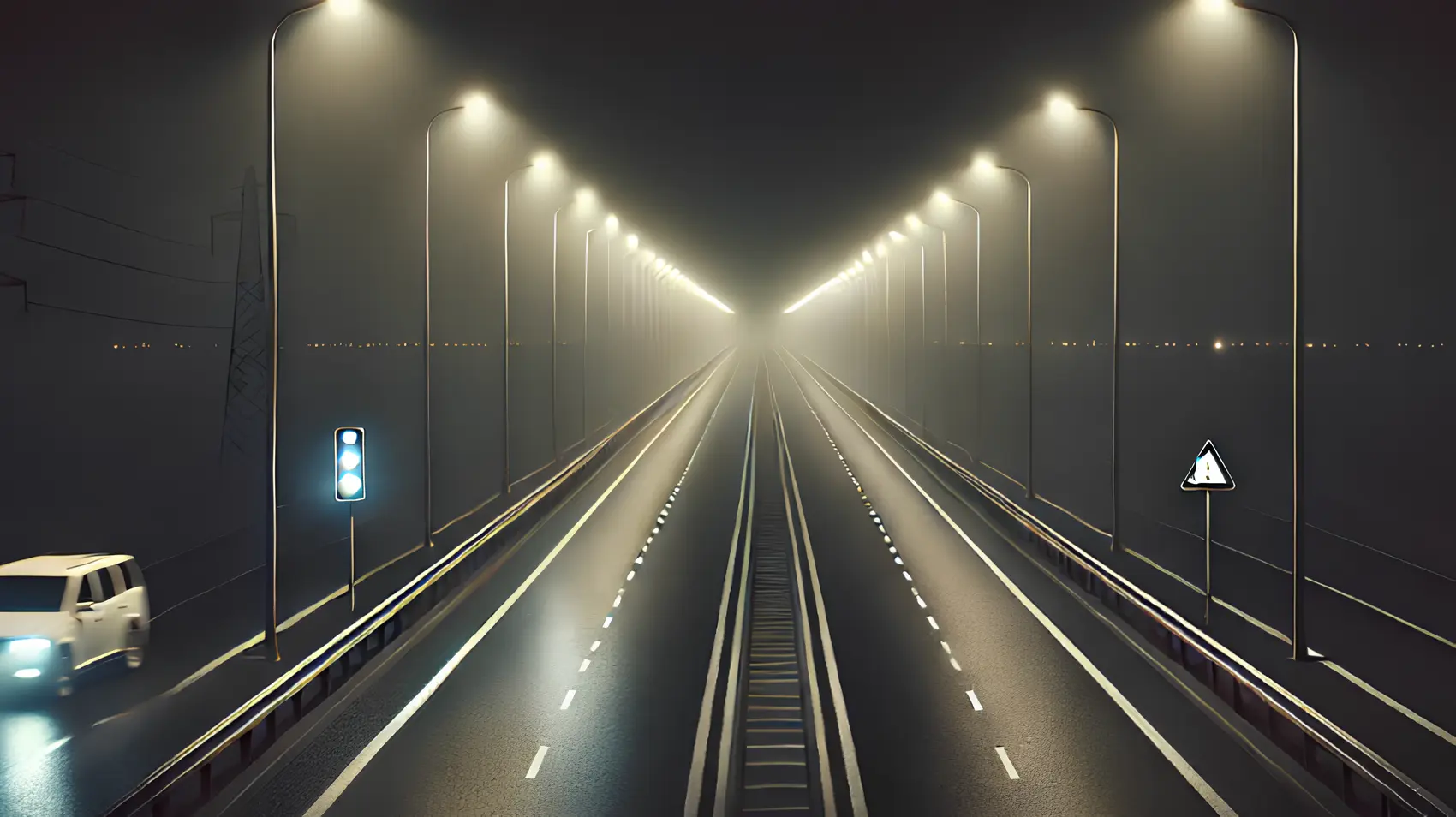 Нічна траса в тумані з ліхтарями вздовж дороги, вид у перспективу, погана видимість та світлові конуси