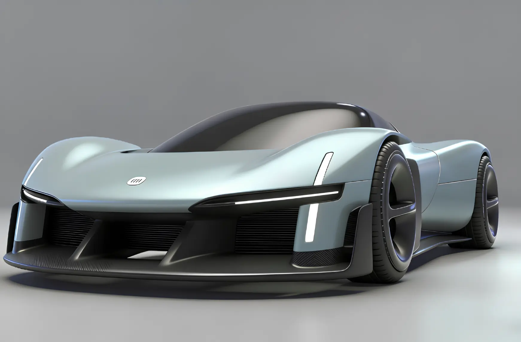 Футуристичний електричний суперкар-концепт у студії, вигляд спереду збоку, низький аеродинамічний кузов і LED-оптика