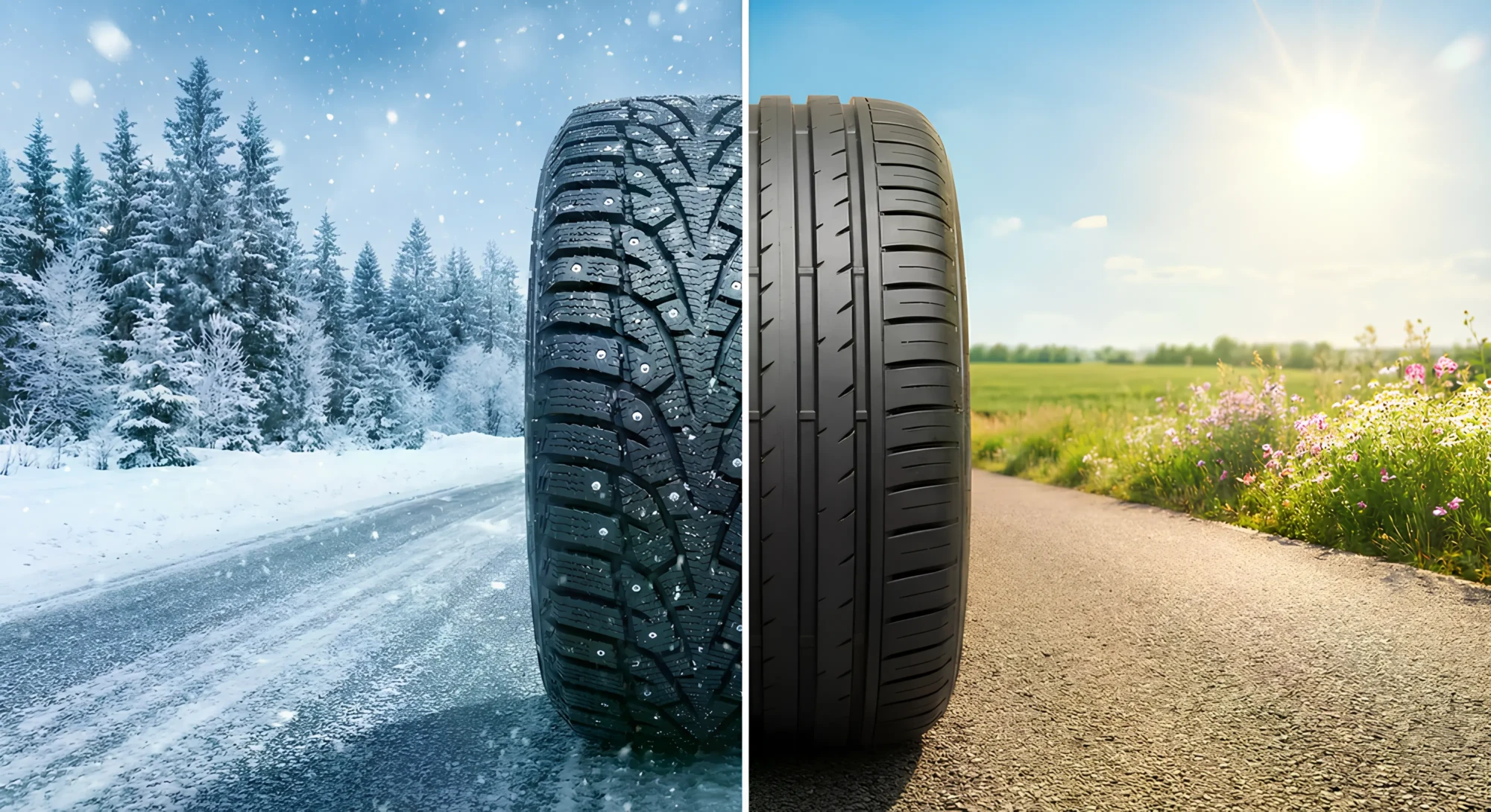 Порівняння зимової та літньої шини: зліва шипована зимова на засніженій дорозі, справа літня на сухому асфальті