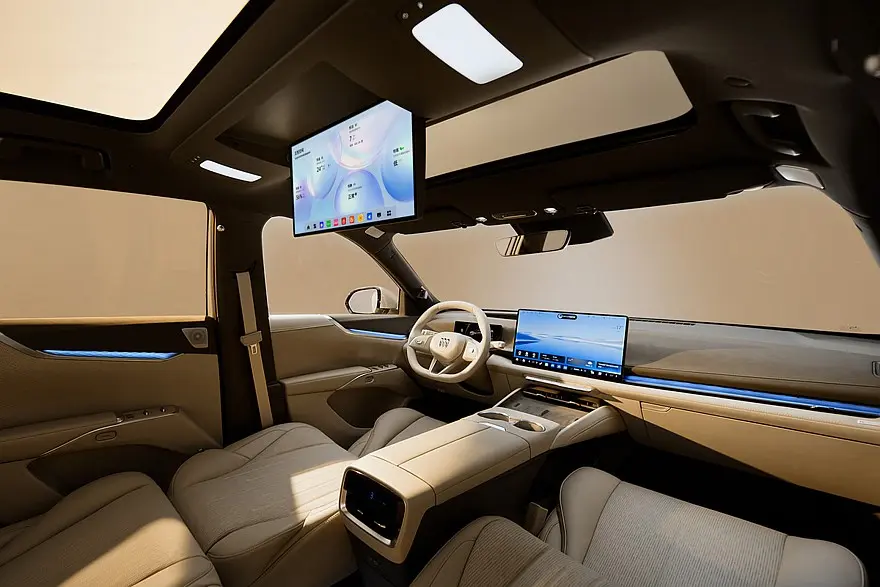 Салон електрокара: світлий інтер’єр з панорамним дахом, великим центральним дисплеєм, кермом та стельовим екраном для задніх пасажирів