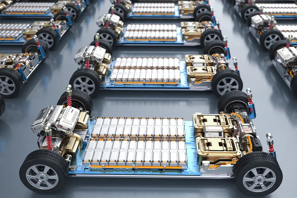 Платформа електромобіля з тяговою батареєю: модулі акумулятора в підлозі, електромотори та підвіска, 3D-ілюстрація