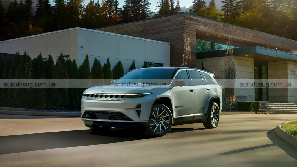 Електричний кросовер Jeep Wagoneer S білого кольору біля сучасного будинку