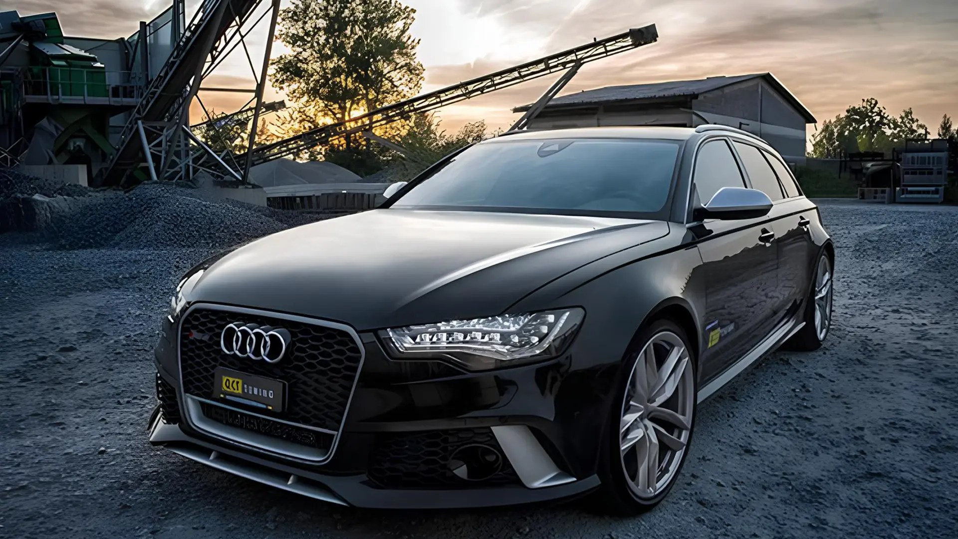 Чорний універсал Audi RS 6 припаркований на промисловому майданчику, вид спереду збоку