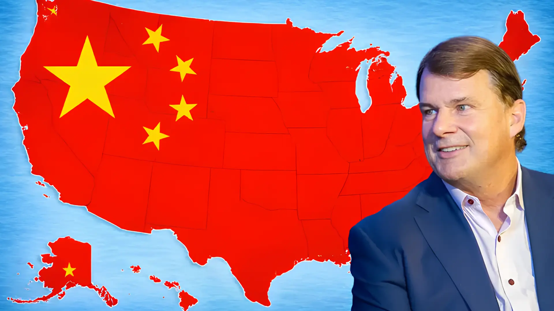 Ілюстрація з картою США у кольорах прапора Китаю та чоловіком у діловому костюмі на тлі