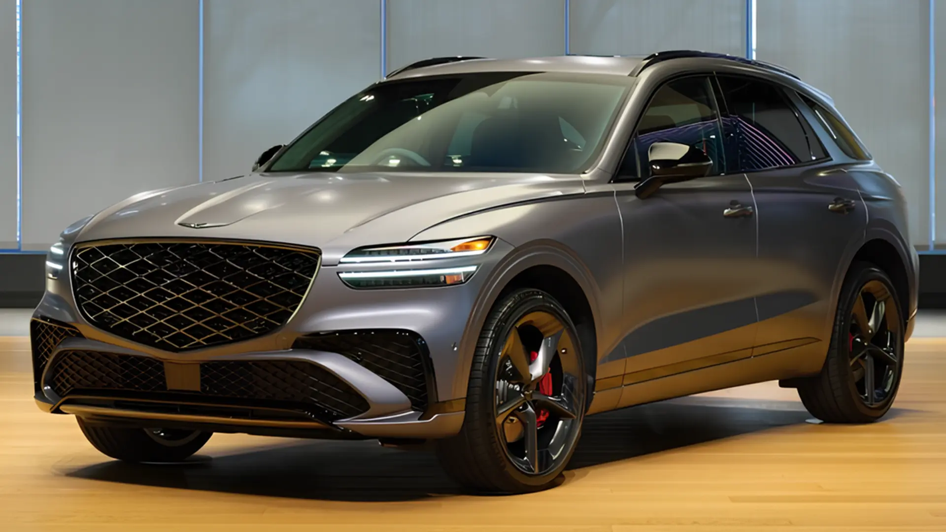 Кросовер Genesis GV70 Prestige Graphite у сірому кольорі, вигляд спереду збоку