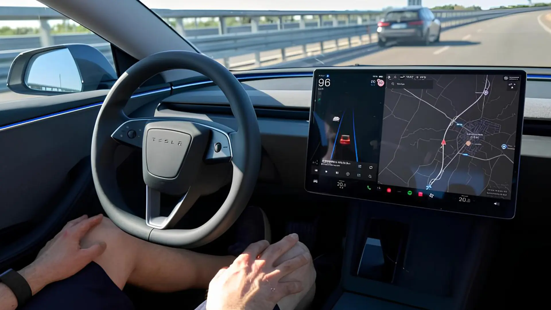 Салон Tesla з увімкненою системою FSD на центральному дисплеї під час руху трасою