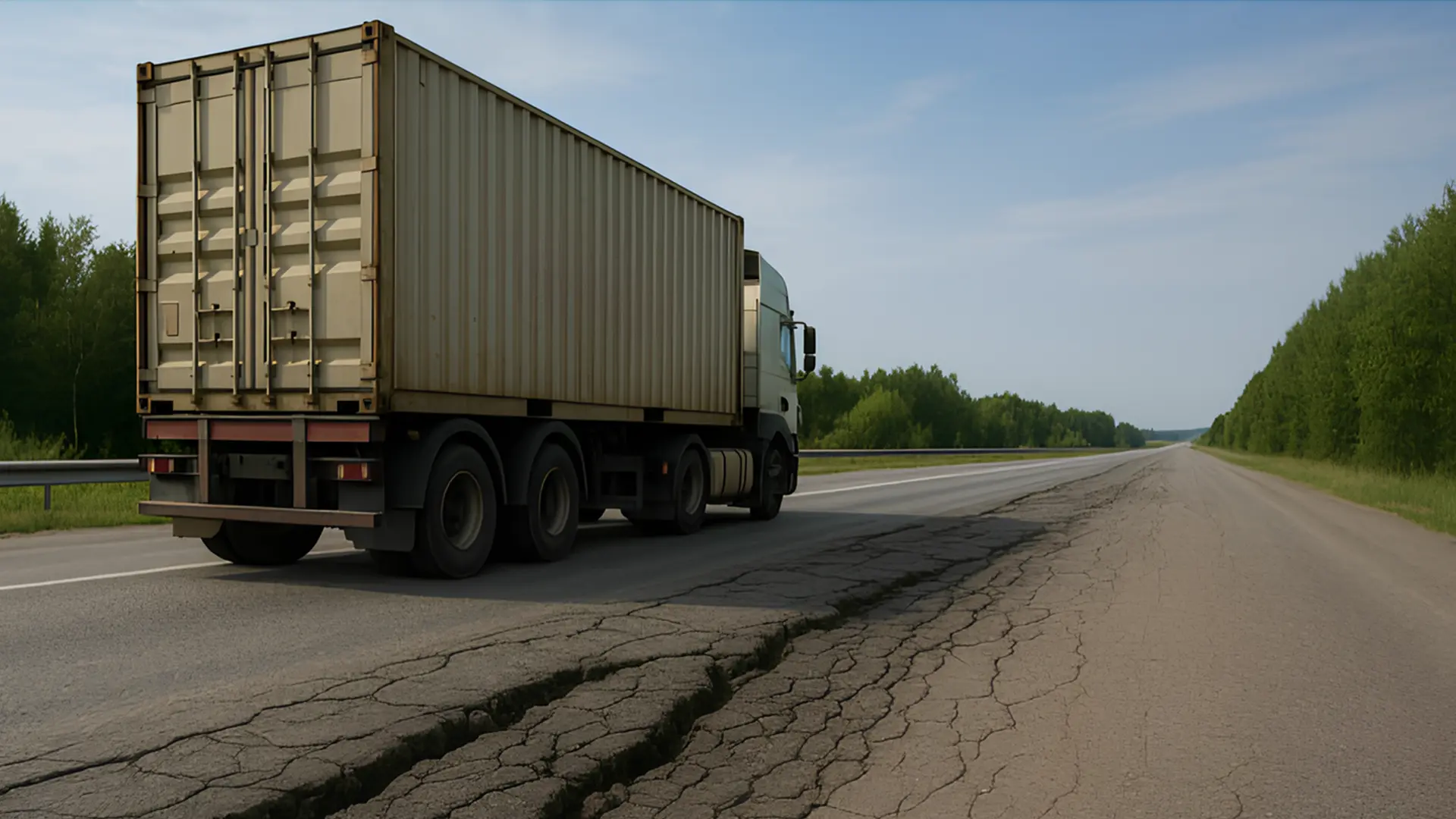 Вантажівка на трасі з пошкодженим узбіччям як ілюстрація до весняного обстеження доріг України