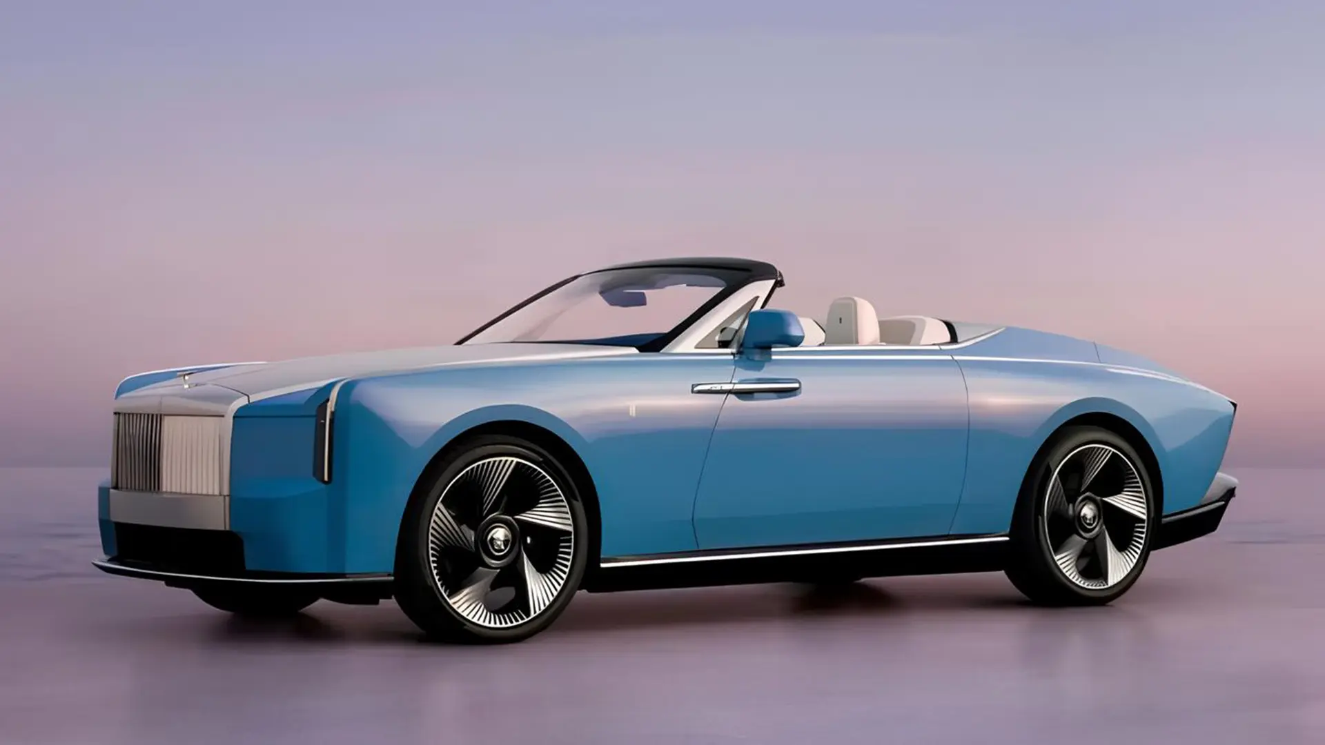 Rolls-Royce Nightingale блакитного кольору у кузові кабріолет, вид збоку на мінімалістичному фоні