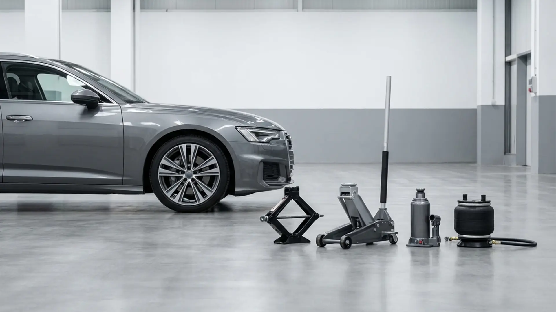 Автомобільні домкрати різних типів біля легкового авто для вибору потрібного варіанта