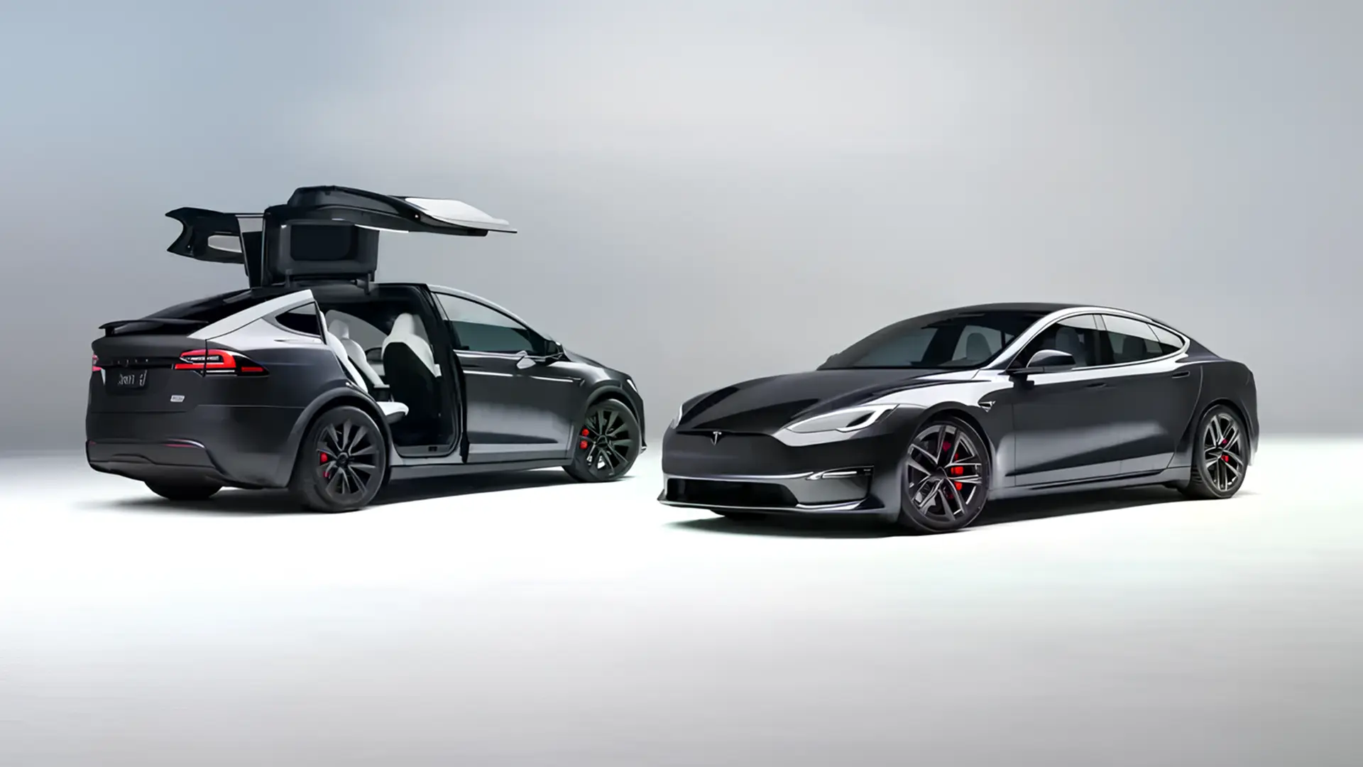 Tesla Model S і Tesla Model X у темному кольорі на студійному фоні