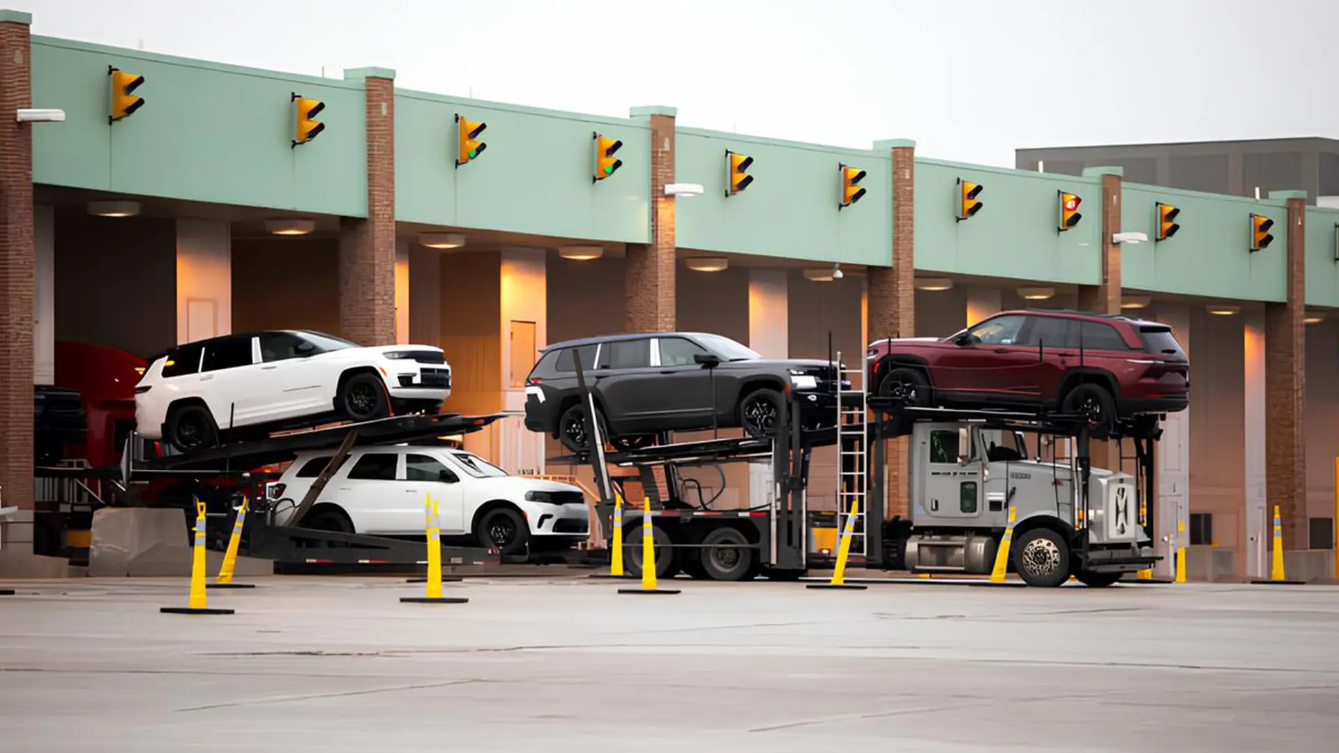 Автовоз із легковими автомобілями біля логістичного термінала як ілюстрація попиту на бензинові авто в Україні