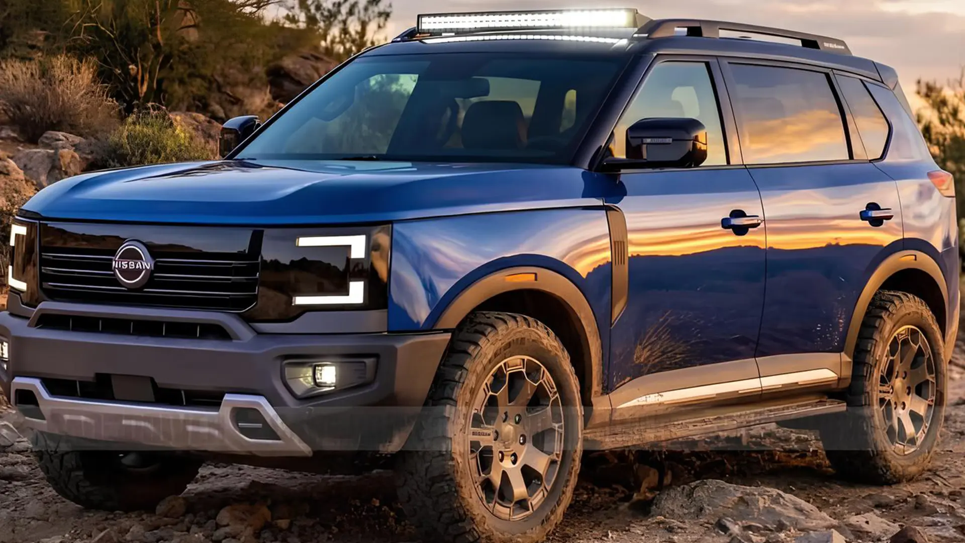 Позашляховий Nissan Xterra синього кольору на кам’янистій місцевості, вигляд спереду збоку