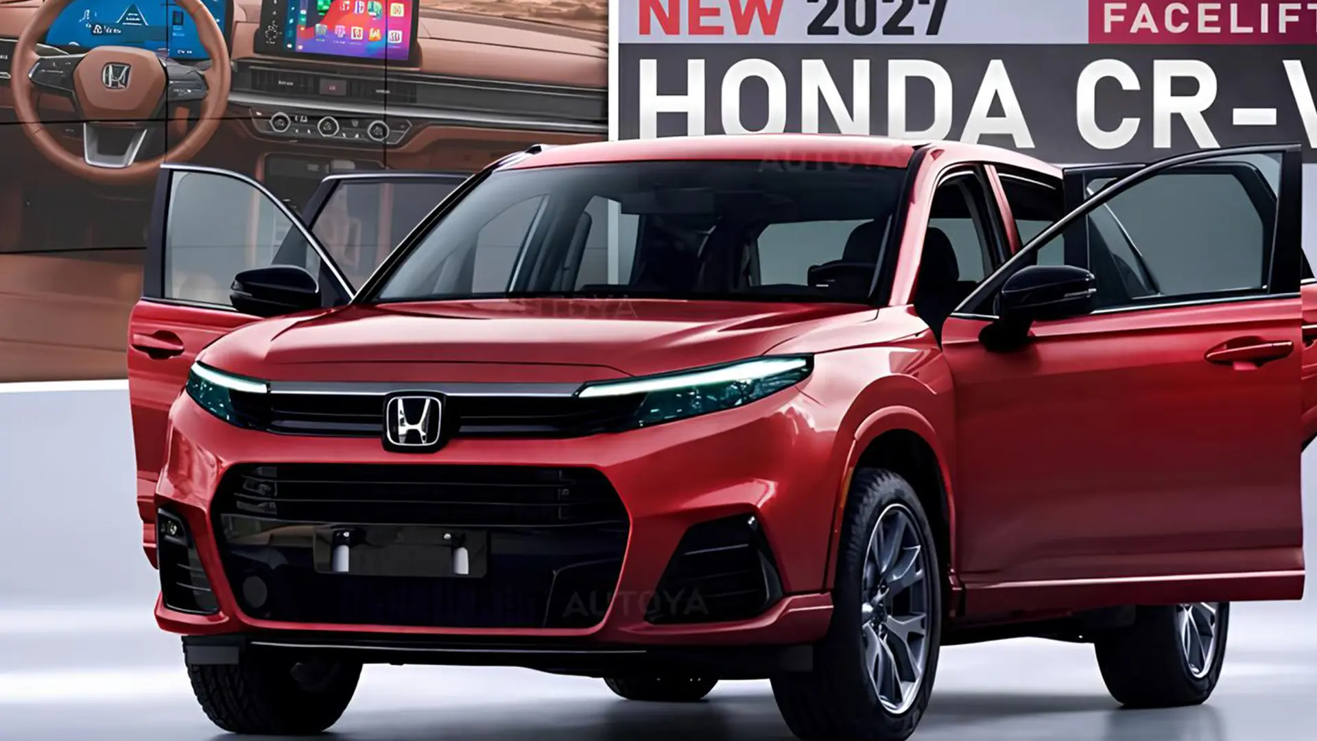 Оновлена Honda CR-V червоного кольору, вид спереду з відкритими передніми дверима