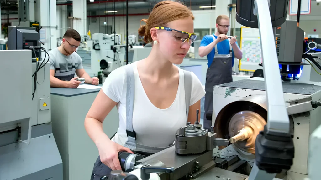 Працівники на виробництві за верстатами як ілюстрація скорочення інженерів у компанії Opel