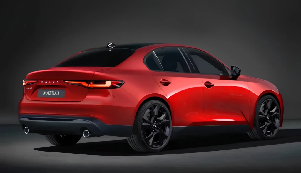 Красный седан Mazda 3 нового поколения, вид сзади сбоку на тёмном фоне