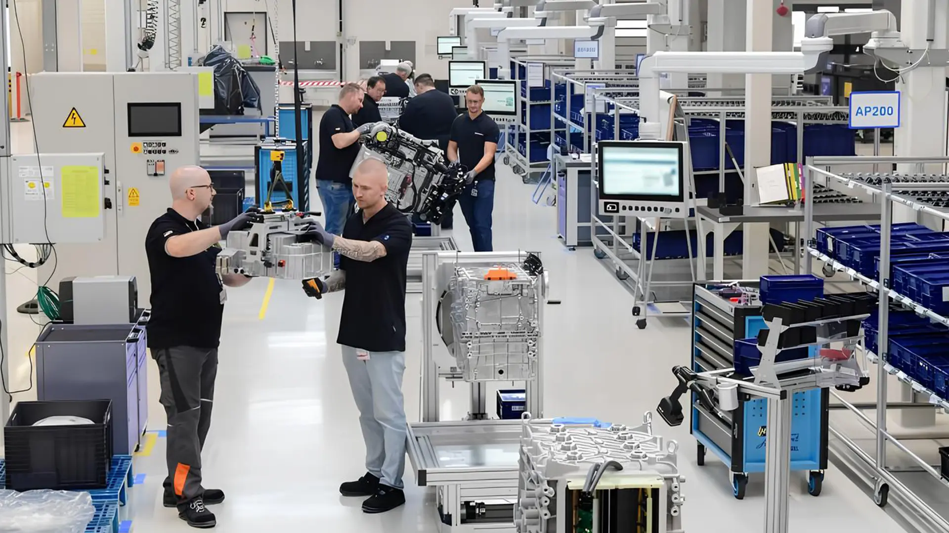 Працівники на автомобільному виробництві під час складання силових агрегатів і компонентів