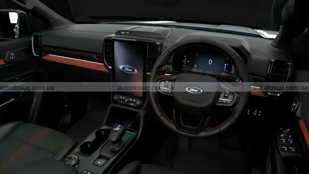 Салон Ford з цифровою панеллю приладів, вертикальним центральним дисплеєм і багатофункціональним кермом