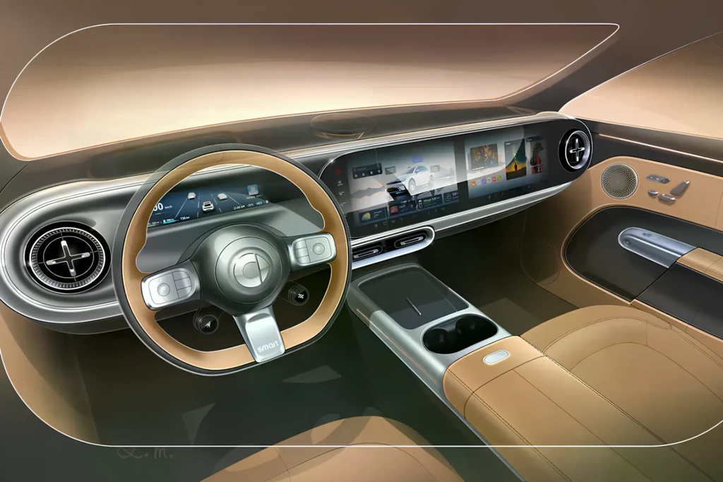 Ескіз інтер’єру smart #6 з цифровою панеллю, широким дисплеєм і світлим оздобленням салону