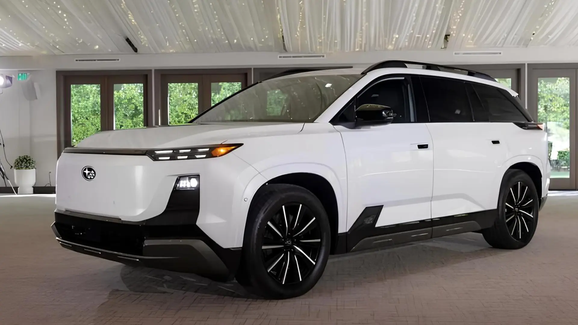 Білий Subaru Getaway 2027 у ракурсі спереду збоку