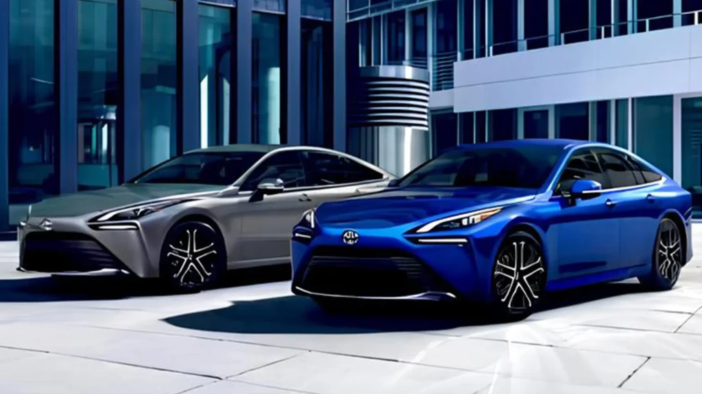 Електромобілі Toyota у синьому та сірому кольорах як ілюстрація до теми звуку електромобілів бренду