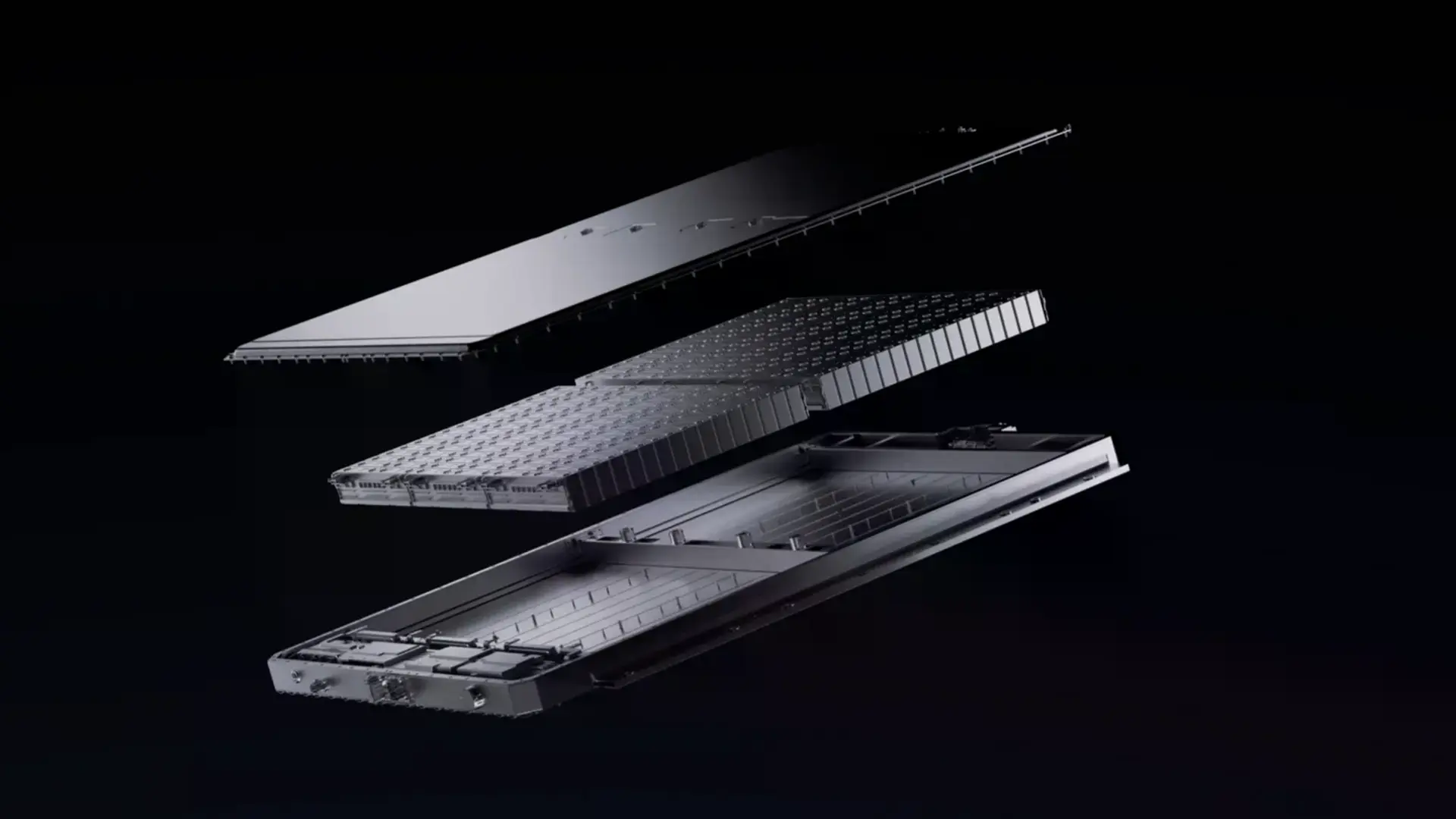 Акумуляторна батарея CATL для електромобілів у розібраному вигляді на темному фоні