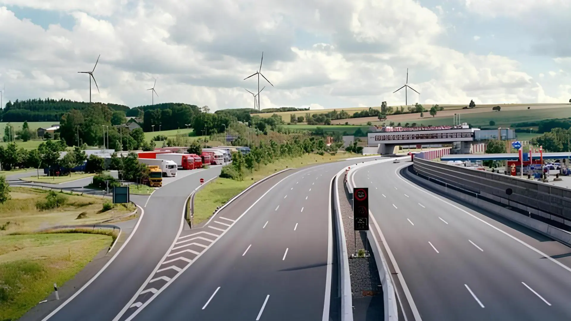 Сучасна багатосмугова автомагістраль з розв’язкою, сервісною зоною та вітровими турбінами на тлі
