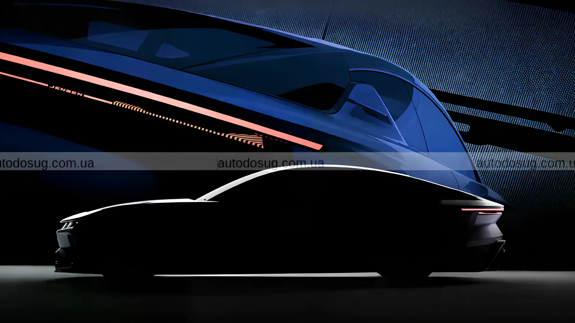 Тизер Jensen Interceptor GTX з силуетом кузова та світлодіодною задньою оптикою на темному фоні