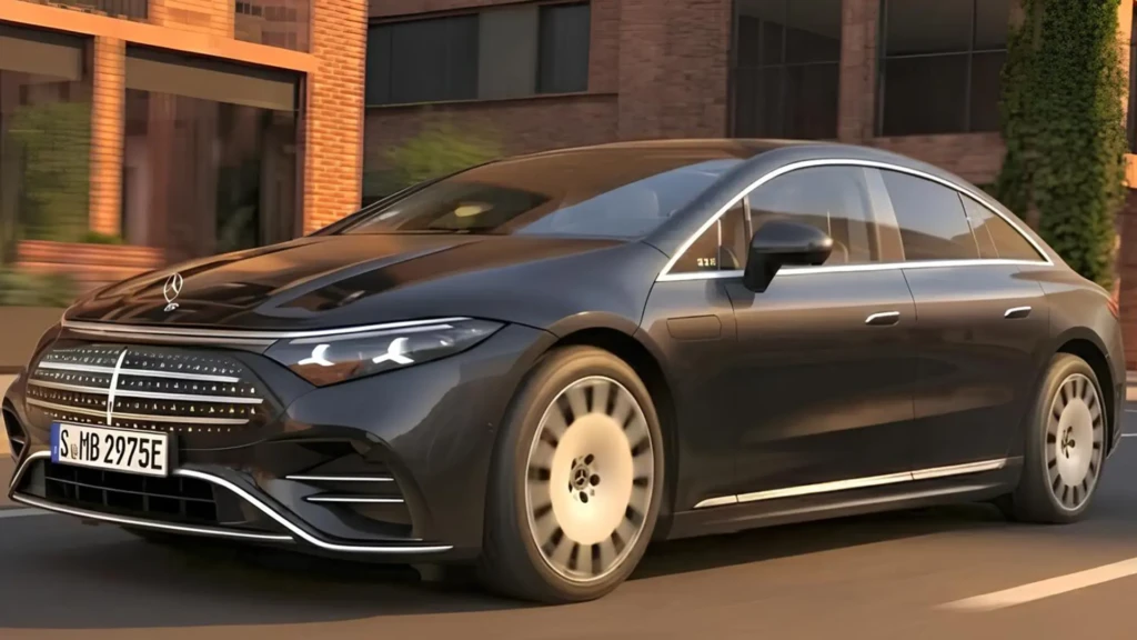 Новий Mercedes EQS темного кольору в русі міською вулицею, вид спереду збоку