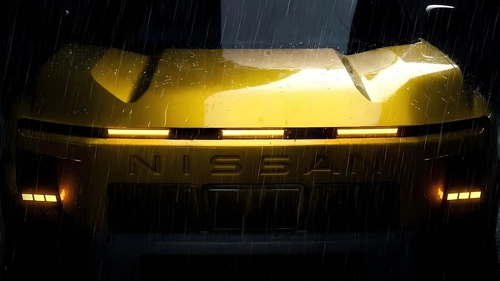Передня частина жовтого позашляховика Nissan Xterra на тизерному зображенні під дощем