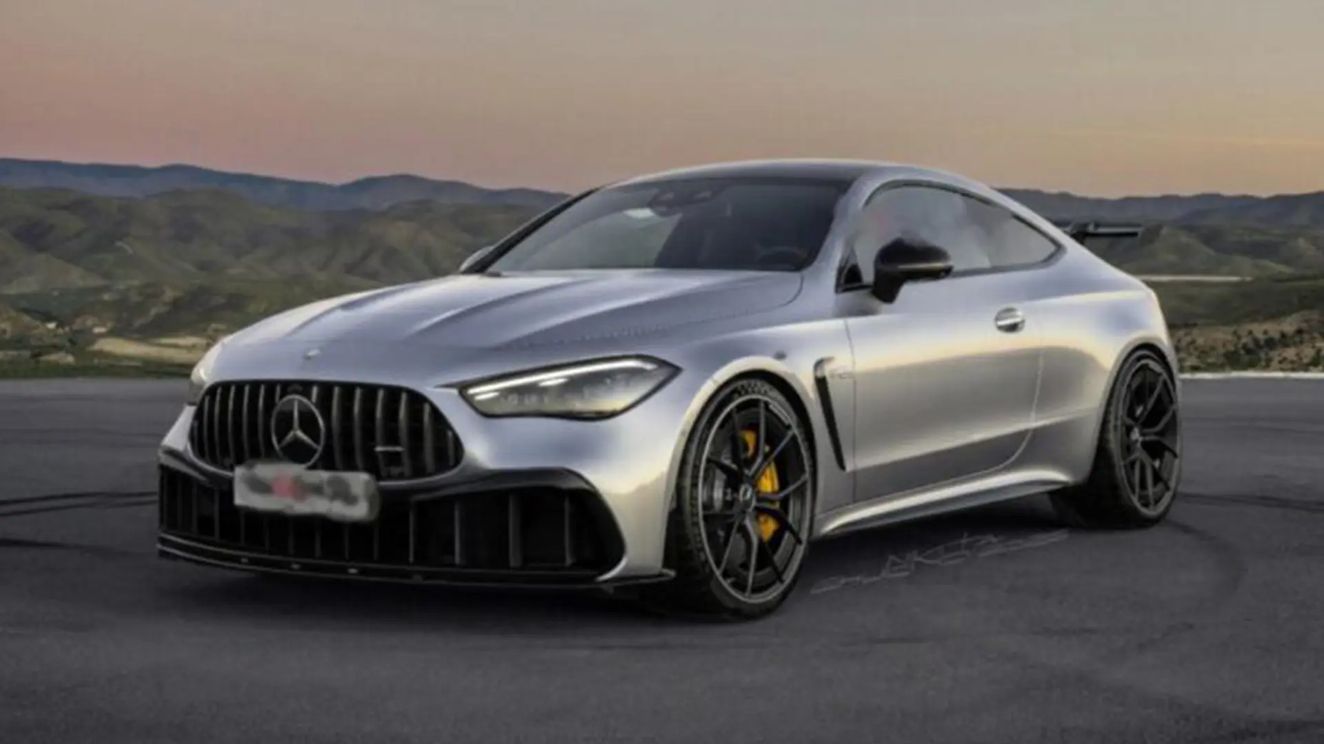 Сріблясте спортивне купе Mercedes-AMG CLE 63 на рендерах на тлі пагорбів