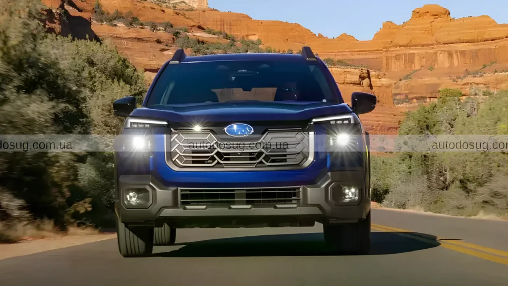 Subaru Outback синього кольору на дорозі, вигляд спереду, як ілюстрація до теми втрати позицій моделі