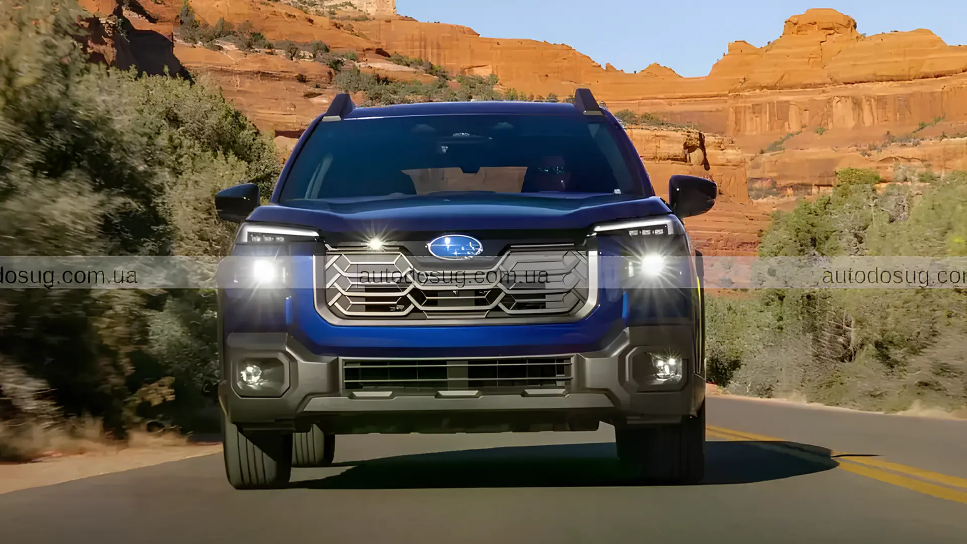 Subaru Outback синього кольору на дорозі, вигляд спереду, як ілюстрація до теми втрати позицій моделі