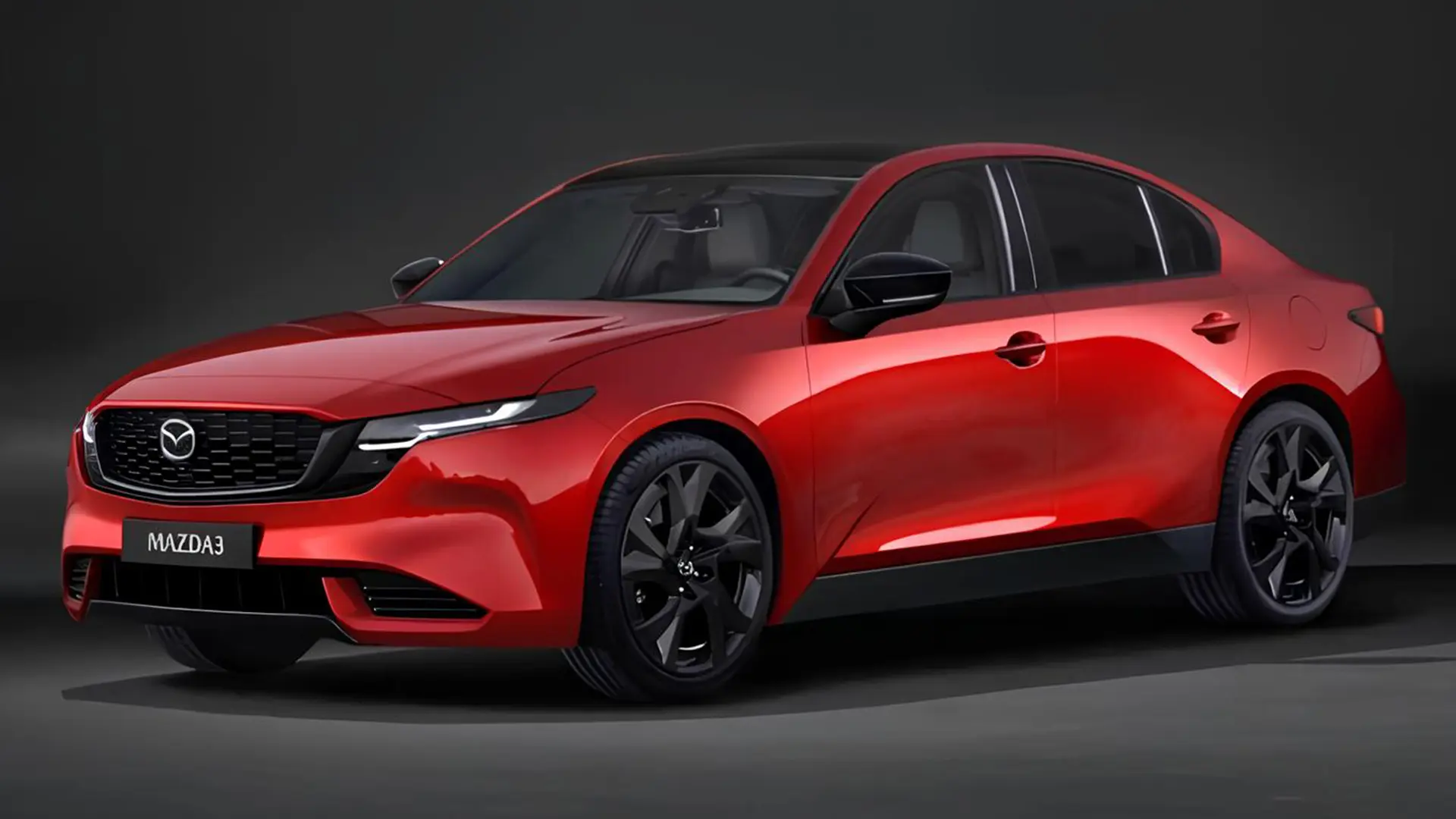 Червоний седан Mazda 3 нового покоління, вид спереду збоку на темному фоні