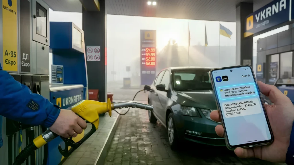 Зниження цін на АЗС в Україні на тлі заправки автомобіля та повідомлення про кешбек